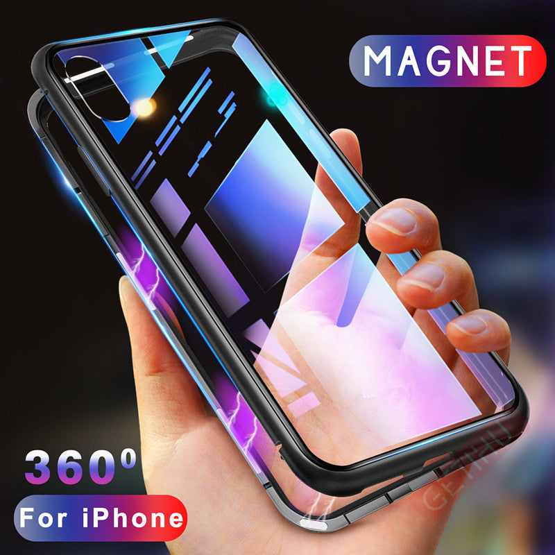 Magnetic Case for + Metal Tempered Glass Back Magnet Cases Cover for iPhone