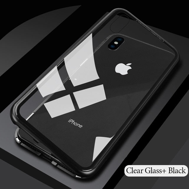 Magnetic Case for + Metal Tempered Glass Back Magnet Cases Cover for iPhone